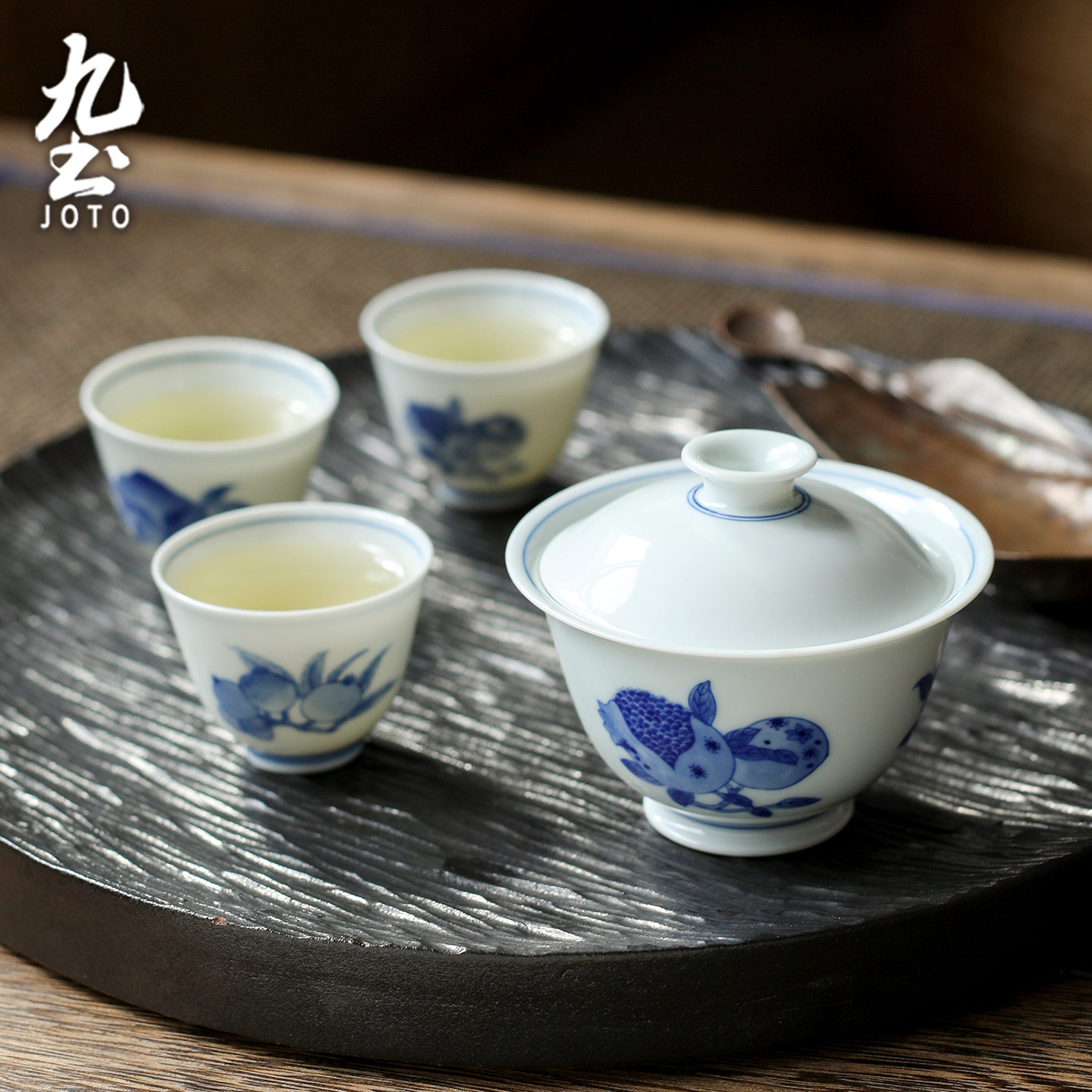九土手绘青花盖碗茶具套装景德镇陶瓷泡茶盖碗品茗杯送礼礼盒