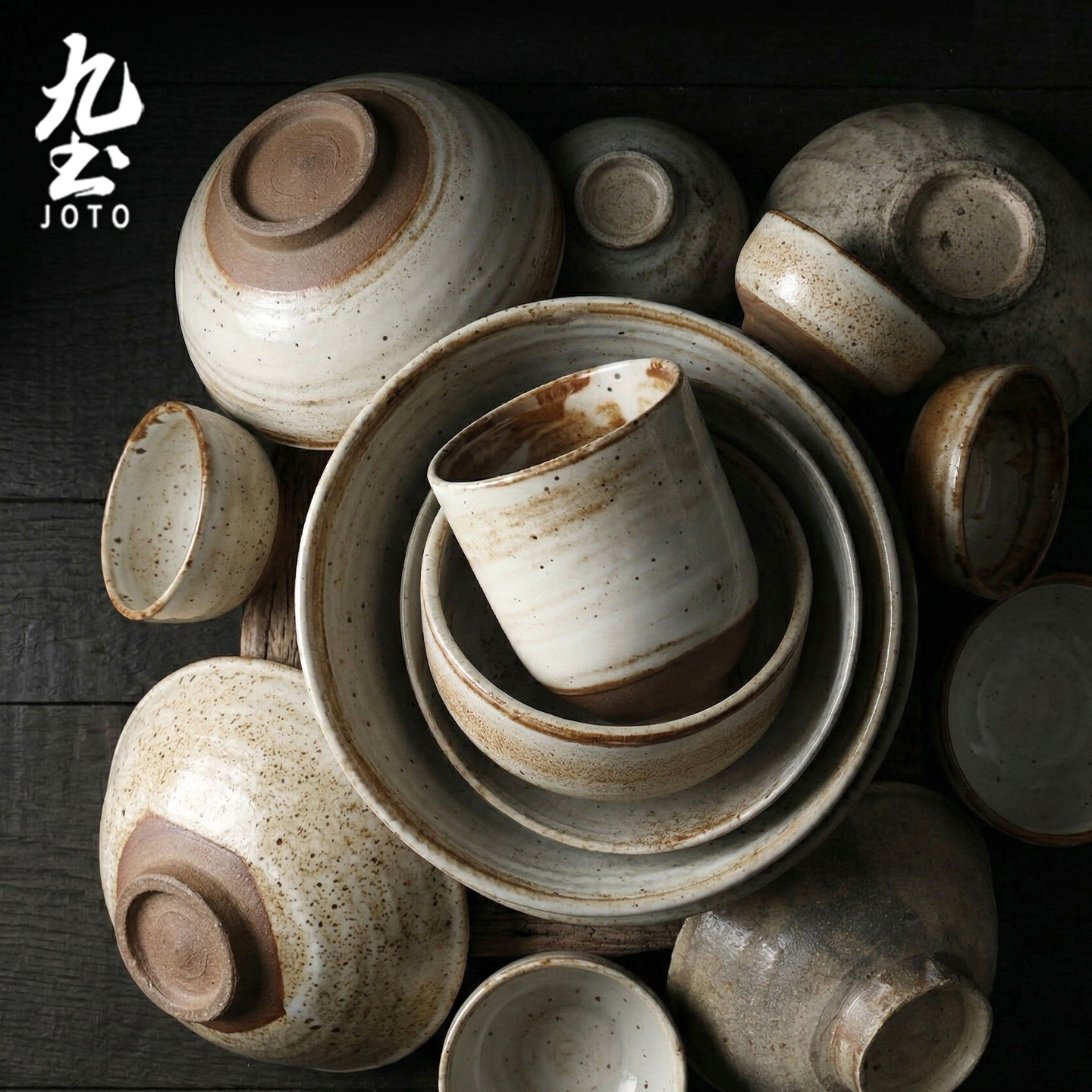 九土手工粗陶餐具套装老式土碗和风陶盘碟子碗盘家用日式粗陶食器