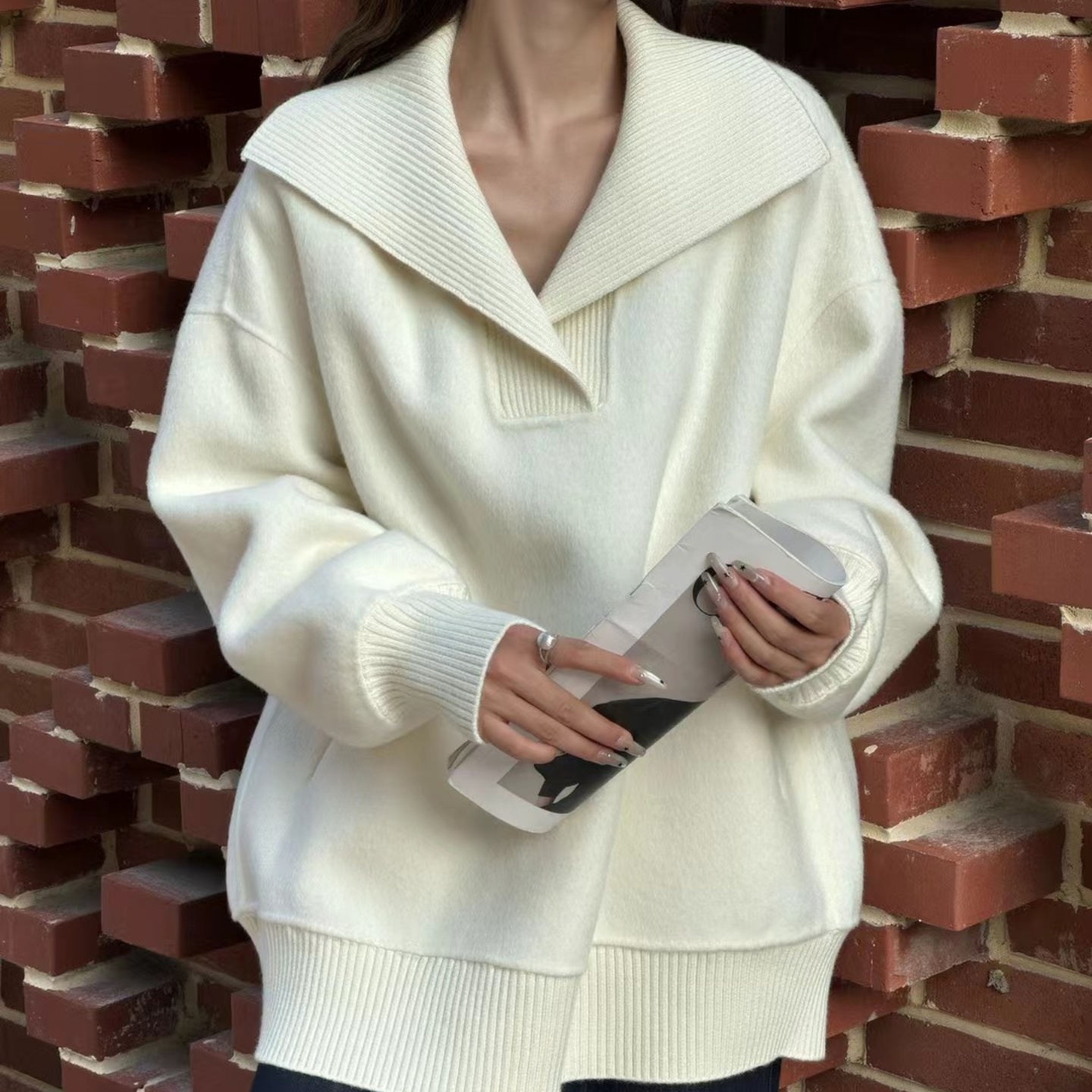 韩系海军领套头毛呢外套宽松