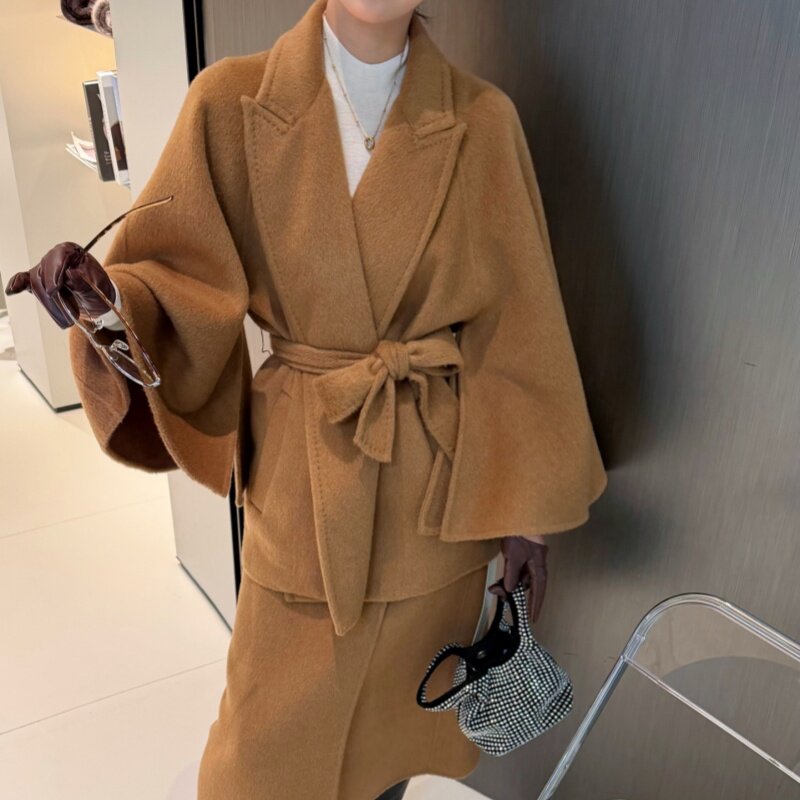  美拉德骆驼绒大衣半裙毛呢套装