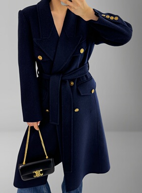 英伦风西装领毛呢外套女2025秋冬新中长款双排扣修身双面羊绒大衣