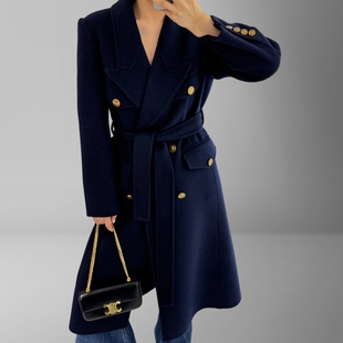 英伦风西装领毛呢外套女2025秋冬新中长款双排扣修身双面羊绒大衣