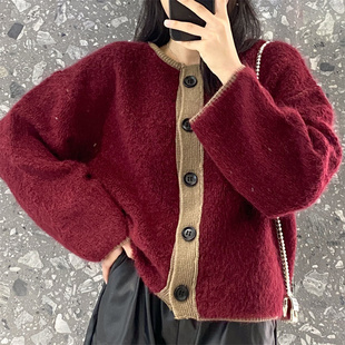 欧洲站马海毛针织开衫女秋冬新款宽松蝙蝠袖拼色慵懒毛衣外套