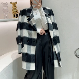 欧洲站黑白格子马海毛毛呢外套女秋冬闺蜜长短款羊毛双面呢大衣潮