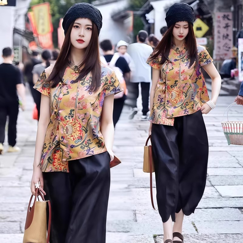 洋气盘扣斜襟衬衫阔腿裤两件套女