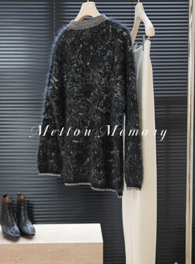 【100%高克重山羊绒】黑白织花拉绒工艺圆领宽松中长毛衣慵懒随意