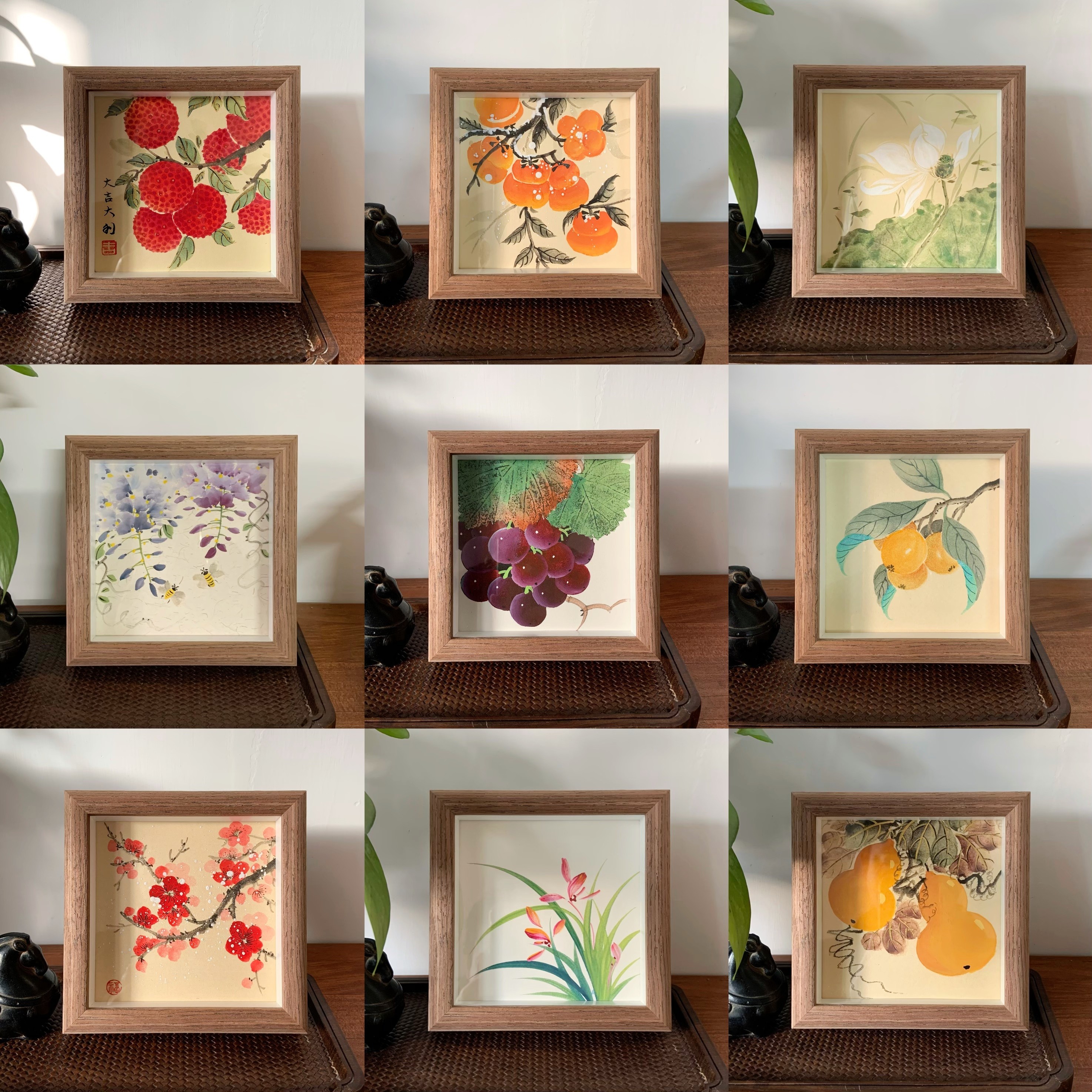 100%纯手绘柿子荷花牡丹竹子葡萄紫藤国画摆台国画国风礼物5寸