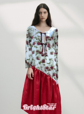 LASS LIZ原创设计师2025春夏新款法式复古红色印花不规则鱼尾长裙