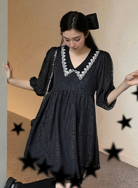 LASS LIZ原创设计2025夏季新款黑色蕾丝v型小翻领高腰宽松娃娃裙