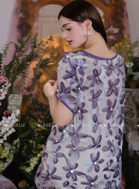 LASS LIZ原创设计2025夏季新款甜美高级感紫色立体花朵宽松连衣裙