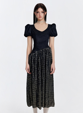 LASS LIZ原创设计师店2025夏季新款甜酷黑色拼接收腰泡泡袖连衣裙