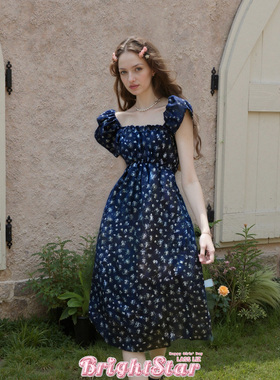 LASS LIZ原创设计2025春夏新款法式小清新黑色碎花立体袖方领长裙