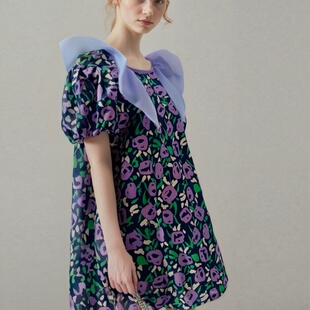 复古绿色印花连衣裙泡泡袖 LASS 法式 新款 短裙 LIZ原创设计2025夏季