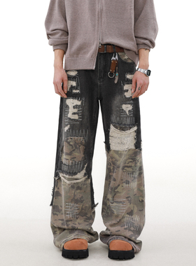 MRNEARLY美式高街小众设计感迷彩拼接牛仔裤男宽松直筒痞帅裤子潮