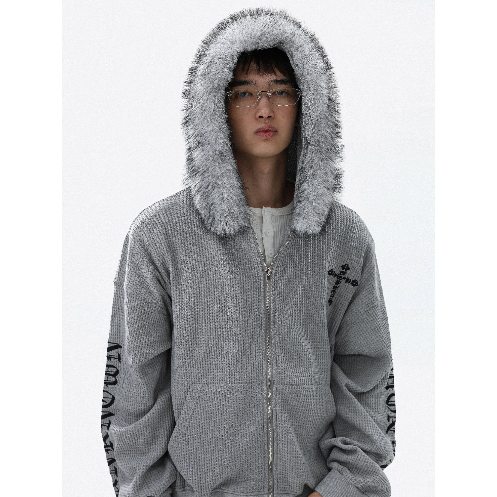 美式哥特风刺绣毛领开衫卫衣外套