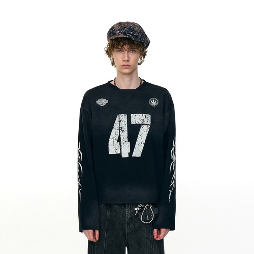 美式复古街头运动风情侣长袖T恤