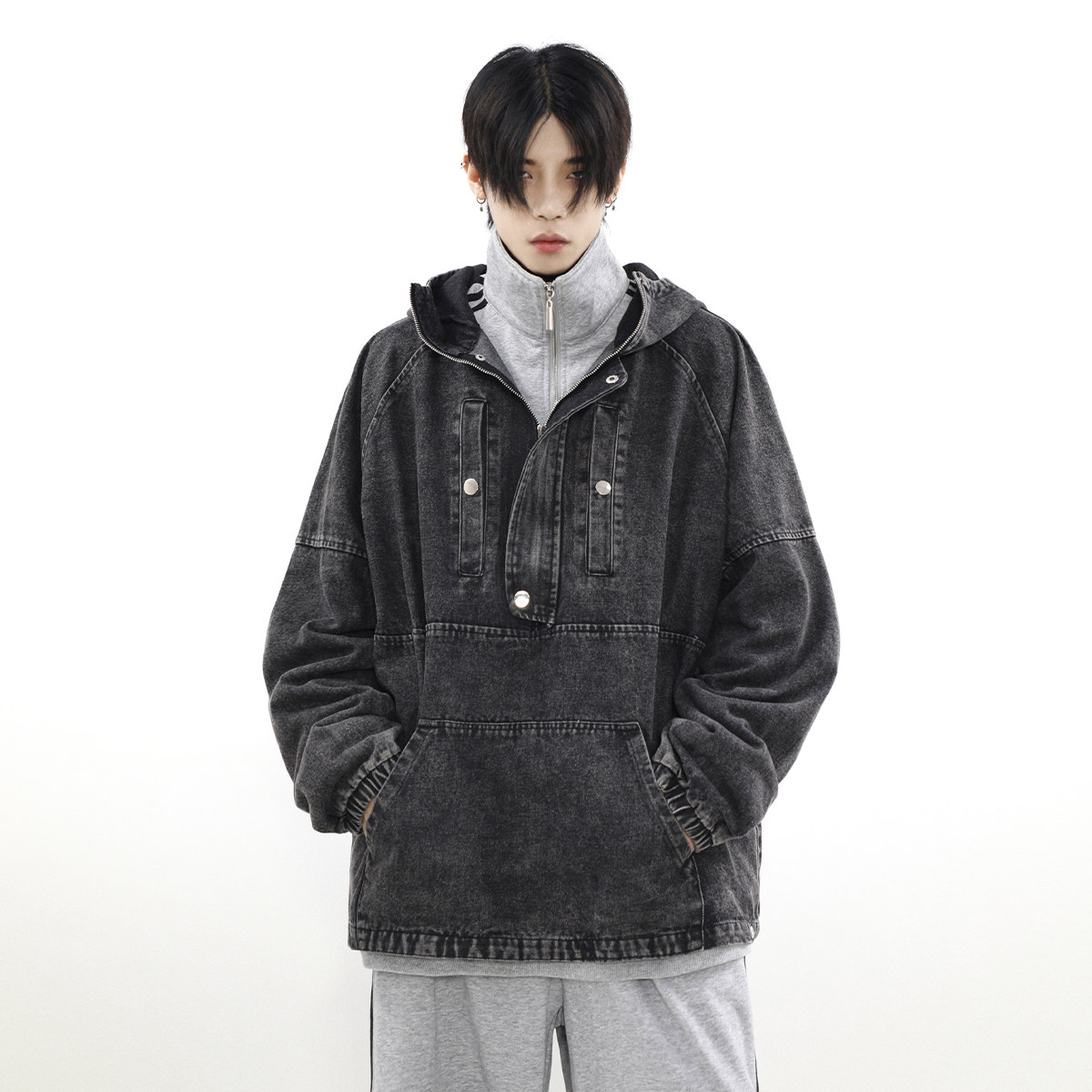 MRNEARLY美式复古牛仔连帽卫衣男