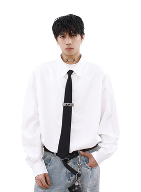 MRNEARLY美式小众设计感领带衬衫男潮宽松痞帅学院风休闲情侣衬衣