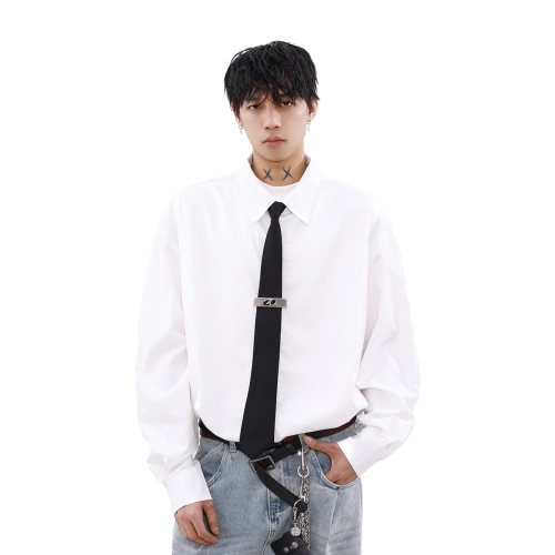 MRNEARLY美式复古纯色领带衬衫男