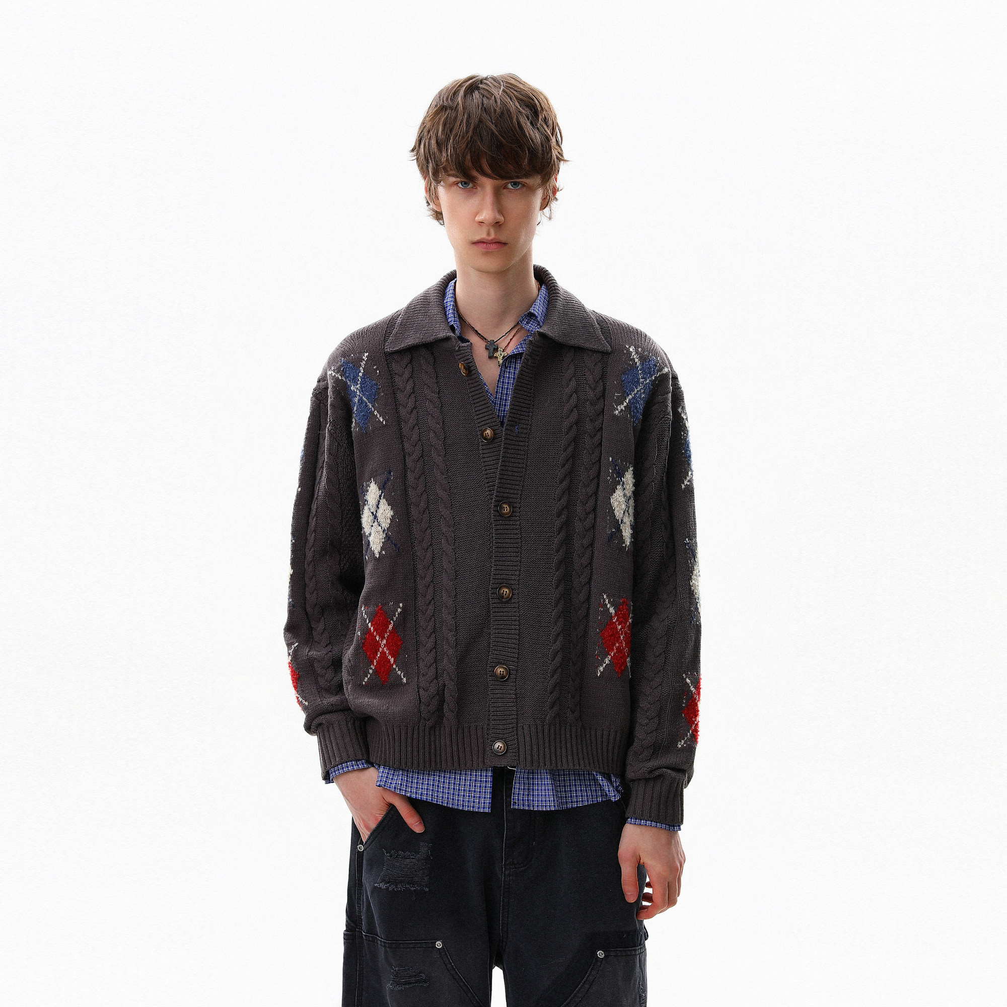 MRNEARLY美式复古麻花菱格提花设计感小众毛衣男秋冬针织开衫外套