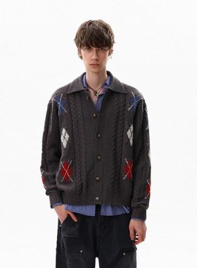 MRNEARLY美式复古麻花菱格提花设计感小众毛衣男秋冬针织开衫外套