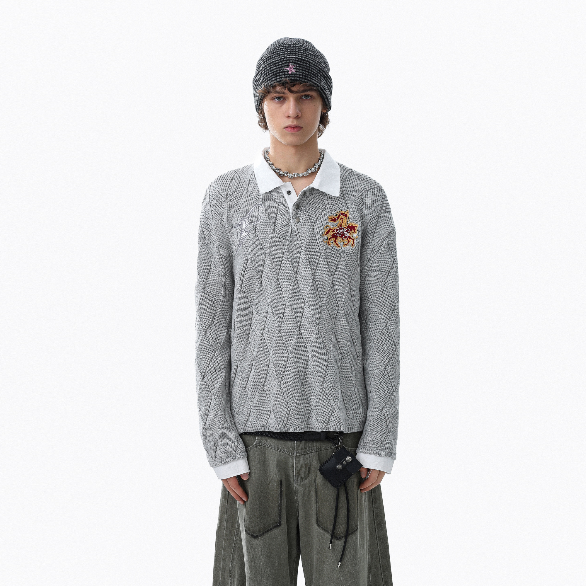 美式复古菱形格polo领针织衫