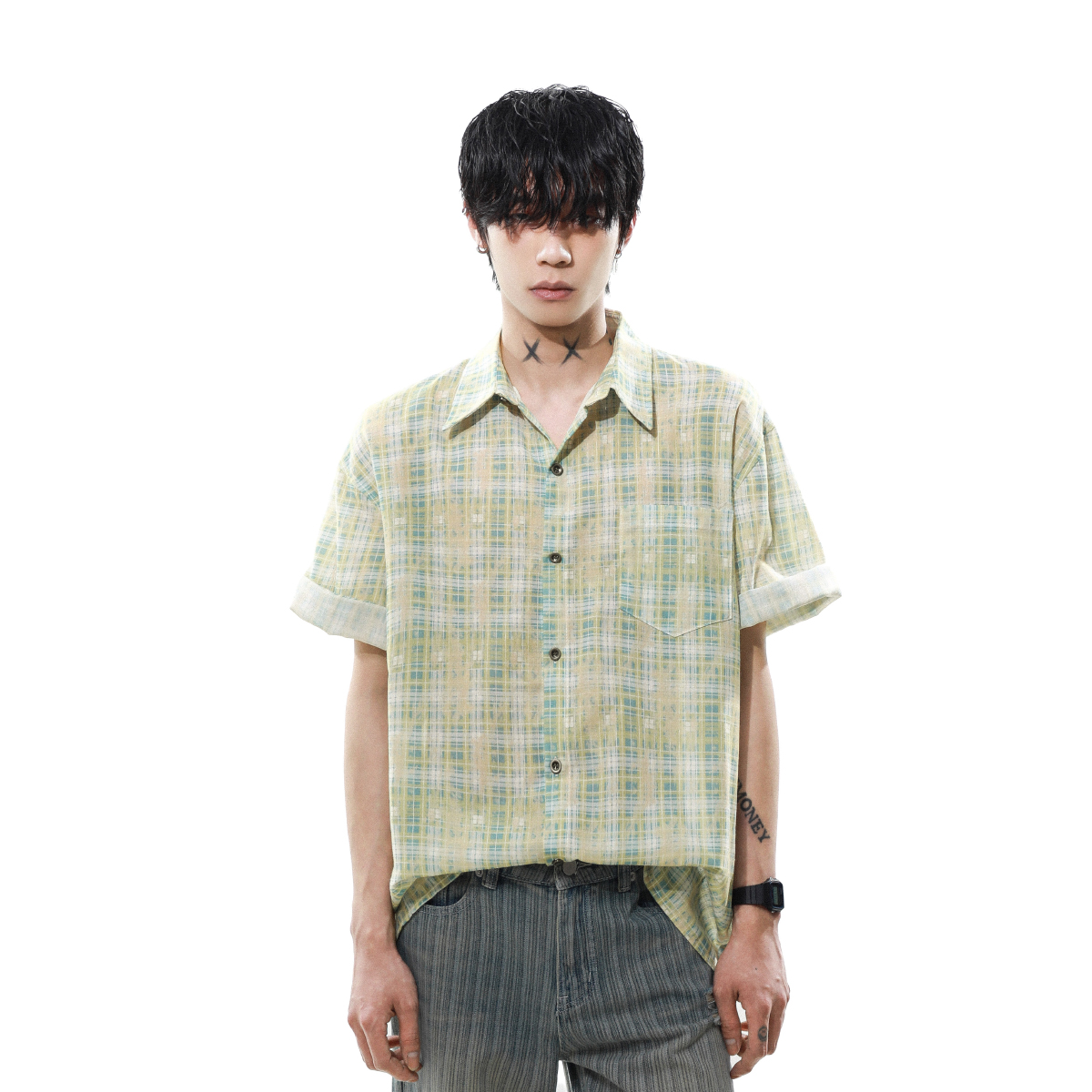 MRNEARLY格子cleanfit短袖衬衫男