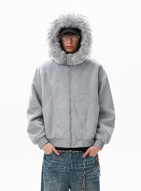 MRNEARLY美式休闲复古连帽毛领棉衣男冬季加厚保暖宽松开衫外套