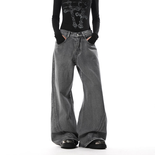 美式复古做旧宽松阔腿牛仔裤