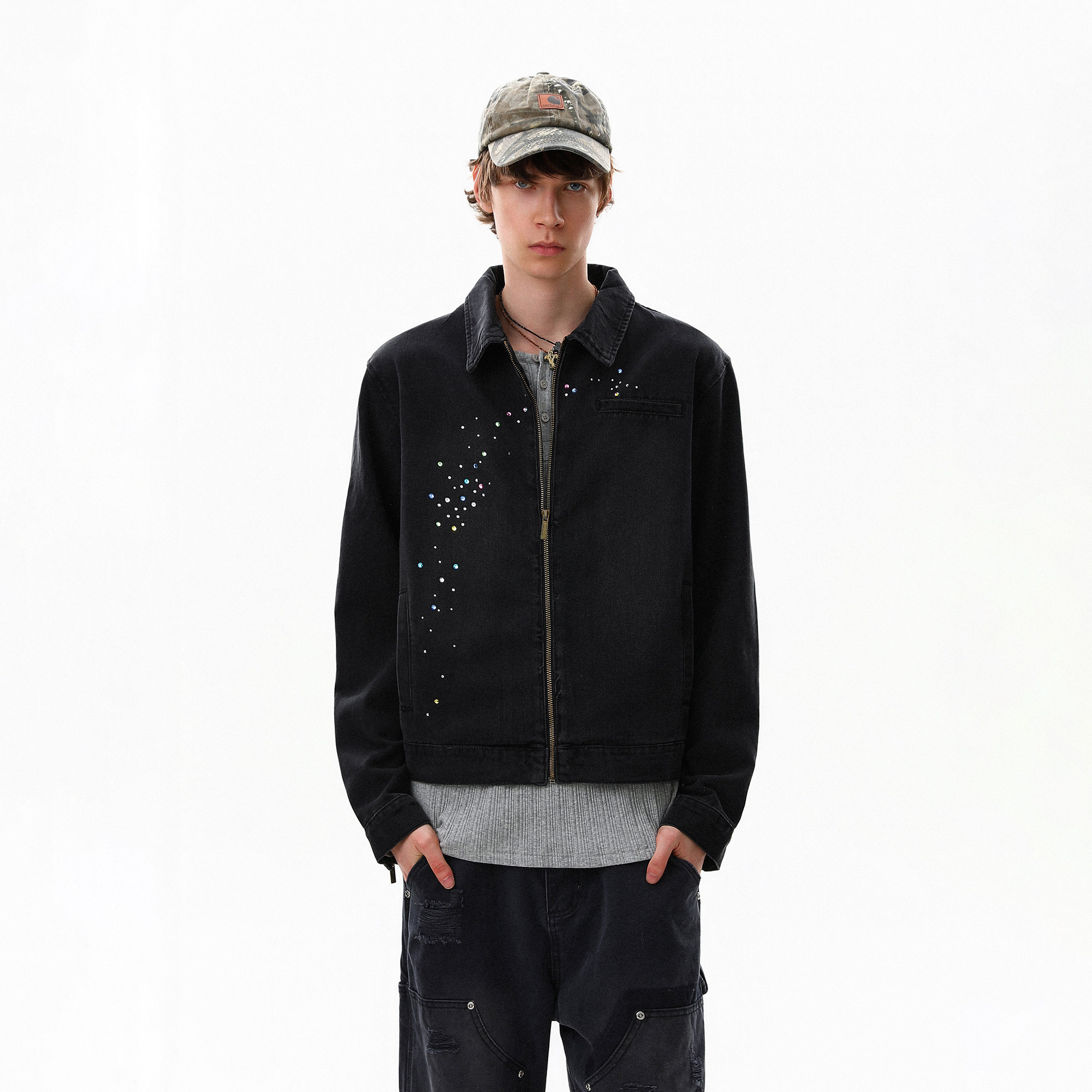 美式潮牌烫钻牛仔翻领宽松夹克男