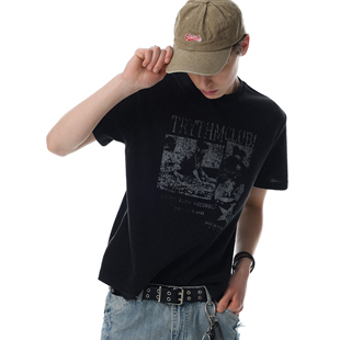 T恤男潮牌宽松华夫格情侣装 高街复古摇滚风短袖 上衣 美式 MRNEARLY