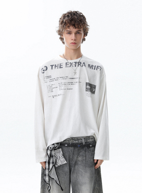 MRNEARLY美式渐变色字母印花圆领长袖T恤男秋季潮牌宽松休闲上衣