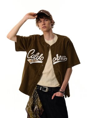 MRNEARLY美式运动夏季开衫棒球服短袖男潮牌复古街头休闲夹克衬衫