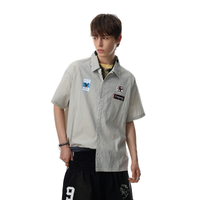 美式复古条纹工装透气短袖衬衫