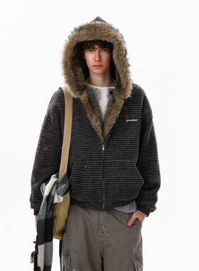 MRNEARLY美式复古条纹毛领座山雕棉服男连帽冬季保暖情侣棉袄外套