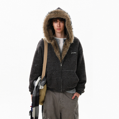 美式复古条纹毛领座山雕棉服连帽