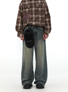 MRNEARLY 美式复古新款牛仔裤男vintage休闲直筒裤子高街做旧长裤