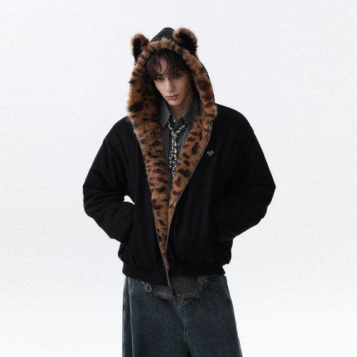 美式复古豹纹拼接撞色连帽棉服男