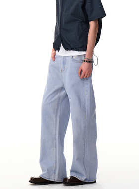 MRNEARLY美式痞帅高级感水洗直筒牛仔裤男复古浅蓝色垂感休闲裤子