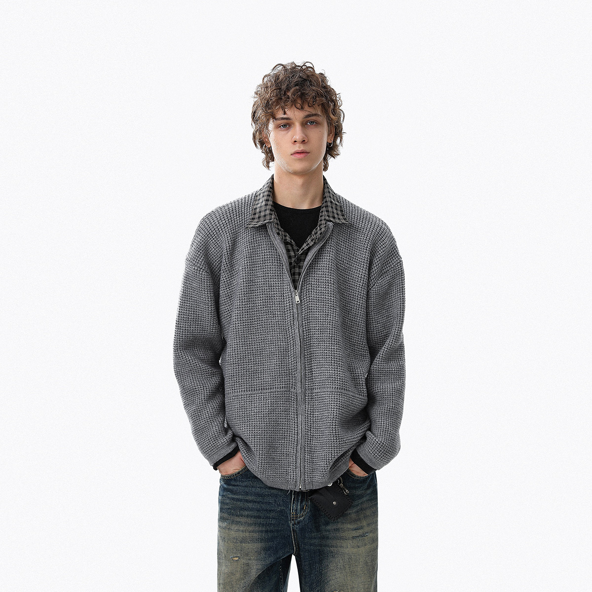 美式复古拉链开衫毛衣