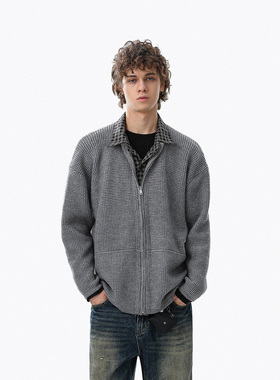 MRNEARLY美式复古拉链开衫毛衣男女灰色翻领高级感cleanfit针织衫