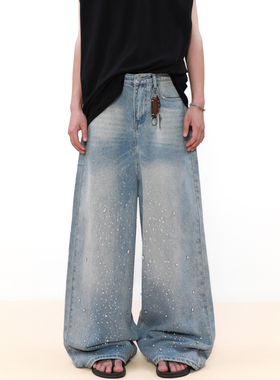 MRNEARLY美式复古烫钻低档设计感直筒牛仔裤男宽松慵懒风阔腿裤子