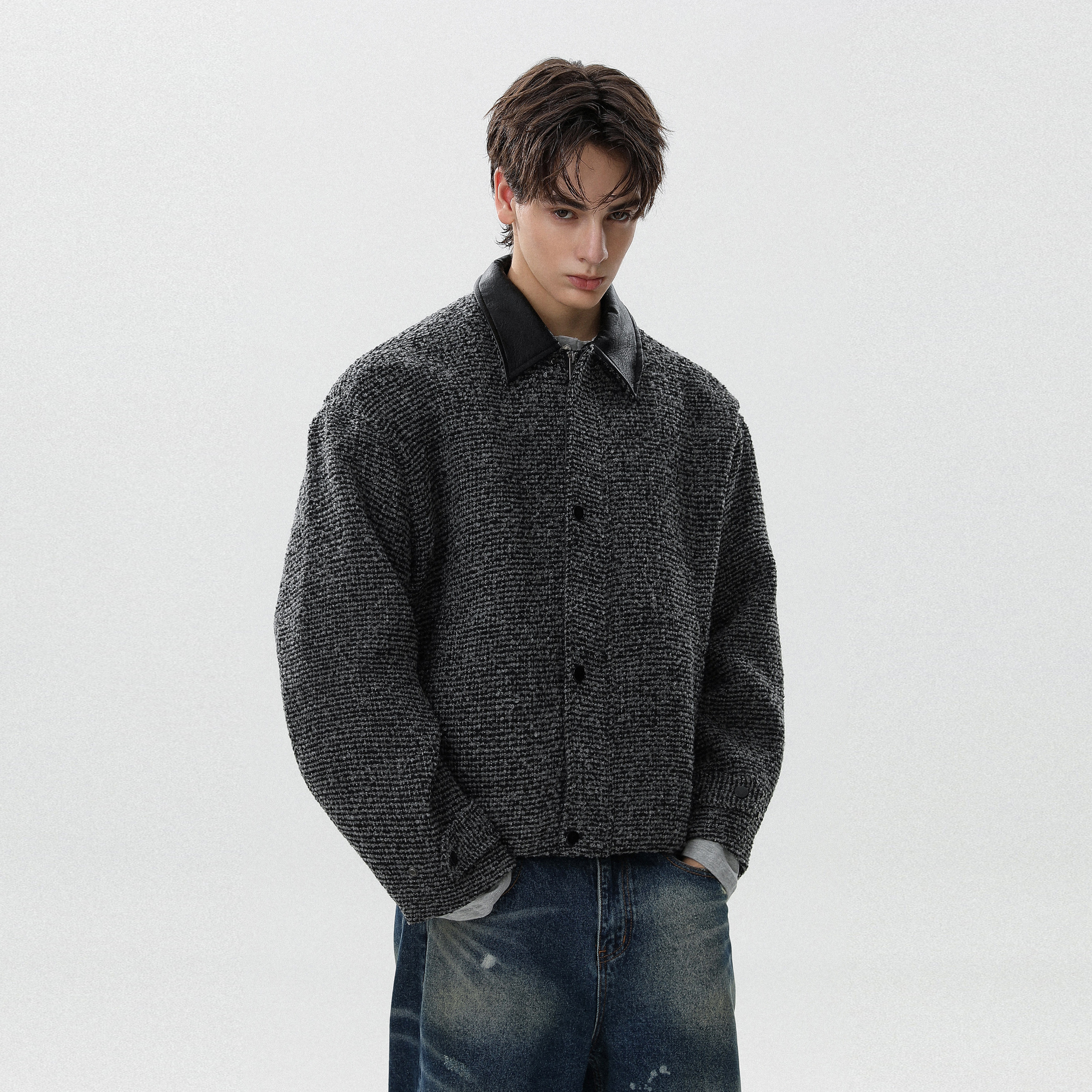 美式复古拼接翻领夹克外套