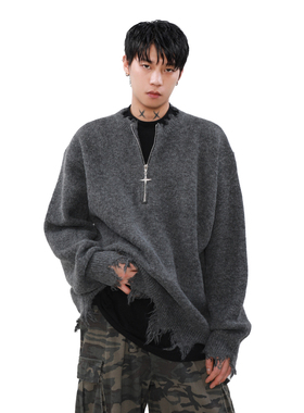 MRNEARLY美式半拉链破坏毛衣男秋冬款宽松慵懒风设计感小众针织衫