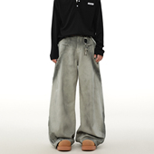 MRNEARLY美式 子 裤 解构擦脏废土风直筒牛仔裤 男设计感小众复古工装