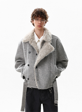 MRNEARLY美式双排扣毛绒呢子冬季加厚棉衣男绑带小众毛领棉服外套