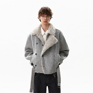 MRNEARLY美式双排扣毛绒呢子冬季加厚棉衣男绑带小众毛领棉服外套