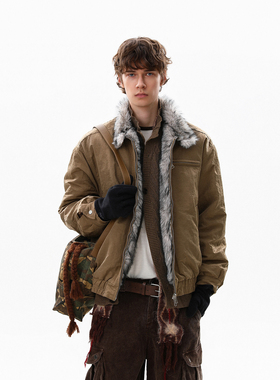 MRNEARLY美式复古毛领棉衣男宽松保暖立领夹克青少年座山雕外套