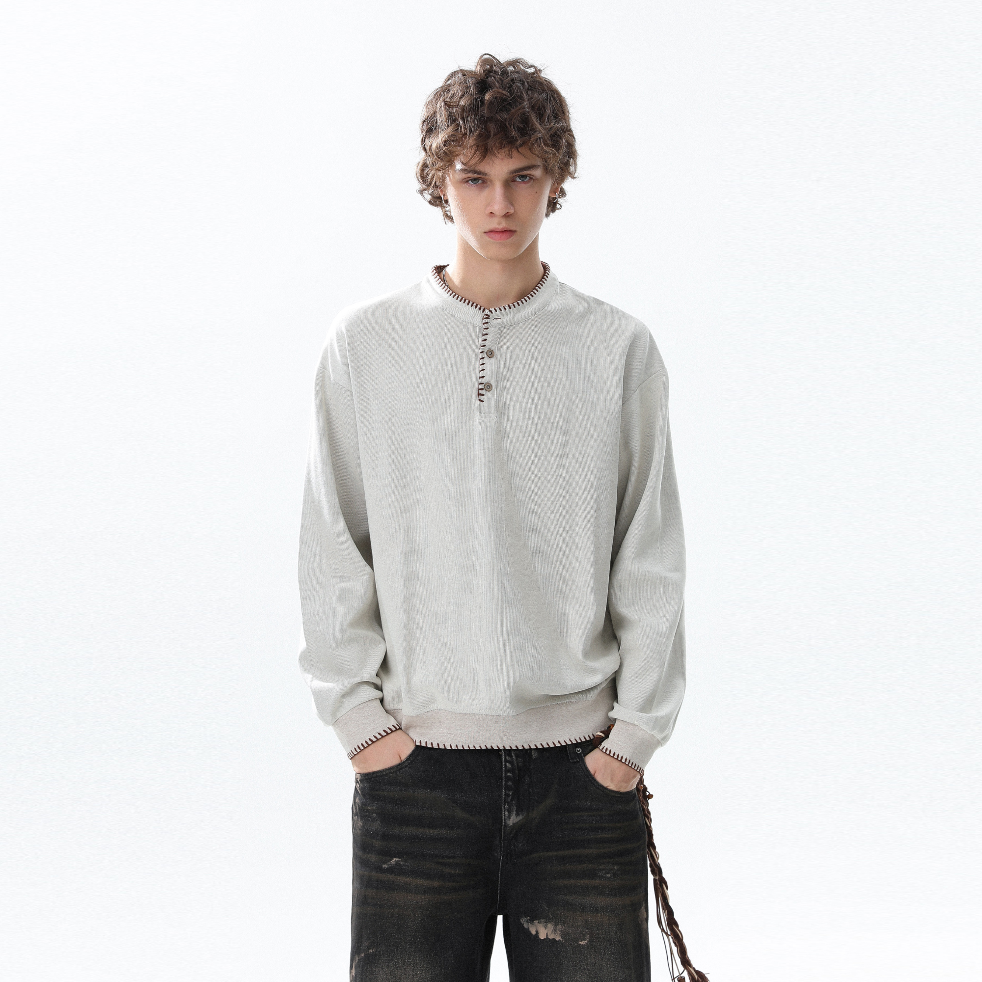 美式复古拼接撞色亨利领针织衫