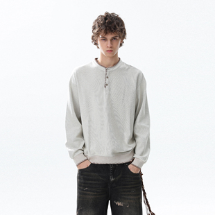 宽松休闲百搭毛衣 男秋季 MRNEARLY美式 复古拼接撞色亨利领针织衫